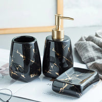 HKM-595795 Nordic Glossed Ceramic Bathroom Accessories Set in White and Gold Marble Design