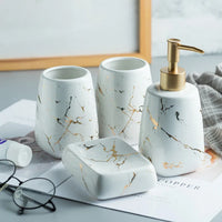 HKM-595795 Nordic Glossed Ceramic Bathroom Accessories Set in White and Gold Marble Design