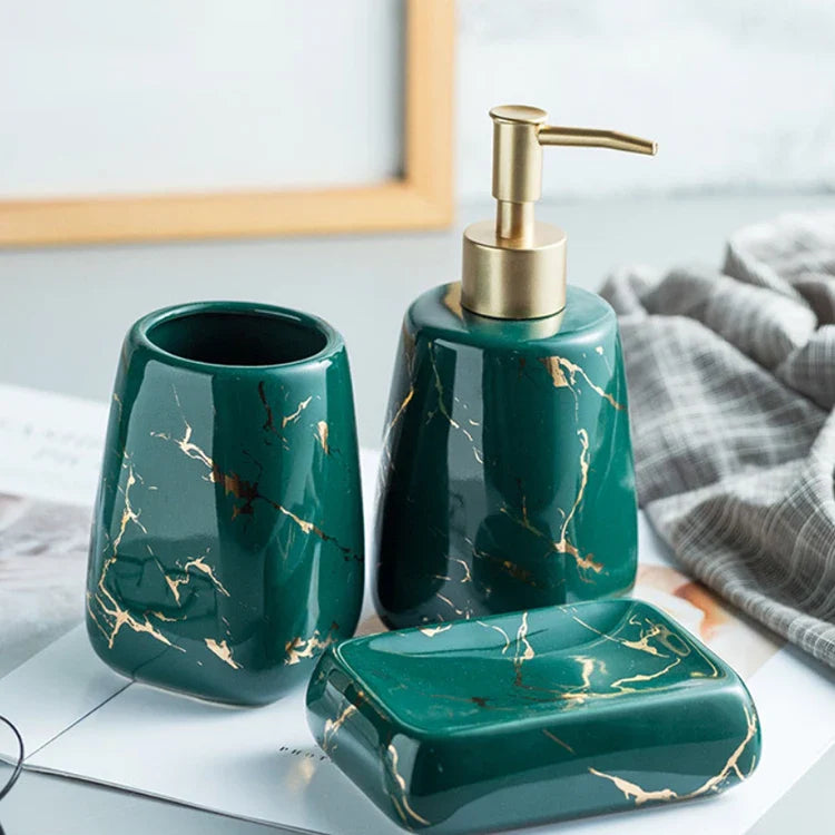 HKM-595795 Nordic Glossed Ceramic Bathroom Accessories Set in White and Gold Marble Design