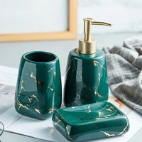 HKM-595795 Nordic Glossed Ceramic Bathroom Accessories Set in White and Gold Marble Design