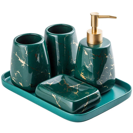 HKM-595795 Nordic Glossed Ceramic Bathroom Accessories Set in White and Gold Marble Design
