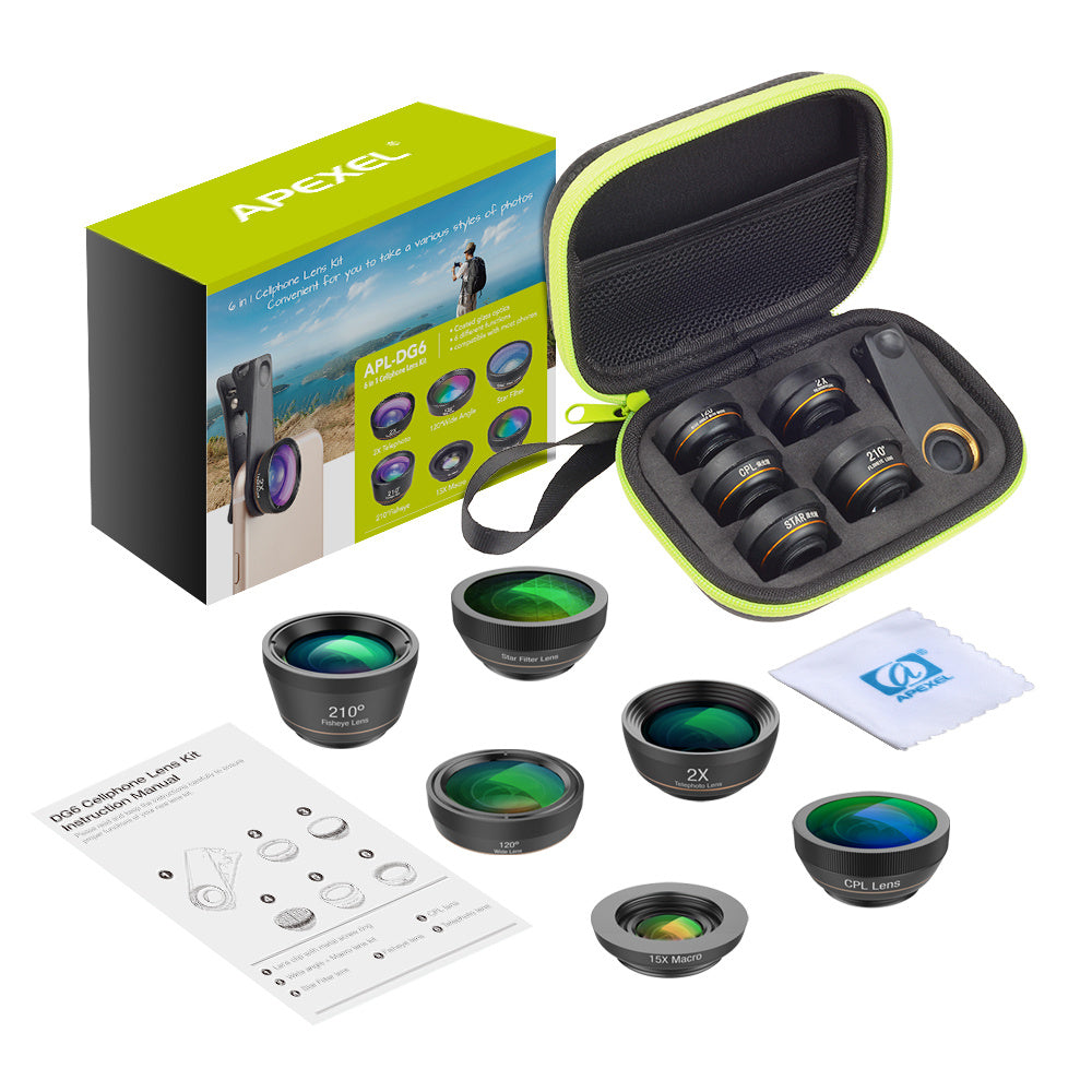 HKM-595923 6 in 1 Universal Mobile Phone Camera Lens Kit with Fisheye, Wide Angle, Macro, Telephoto, CPL, and Star Filter