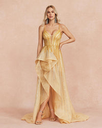 HKM-595923 Elegant Golden Evening Dress for Women - Stylish Formal Wear for Special Occasions