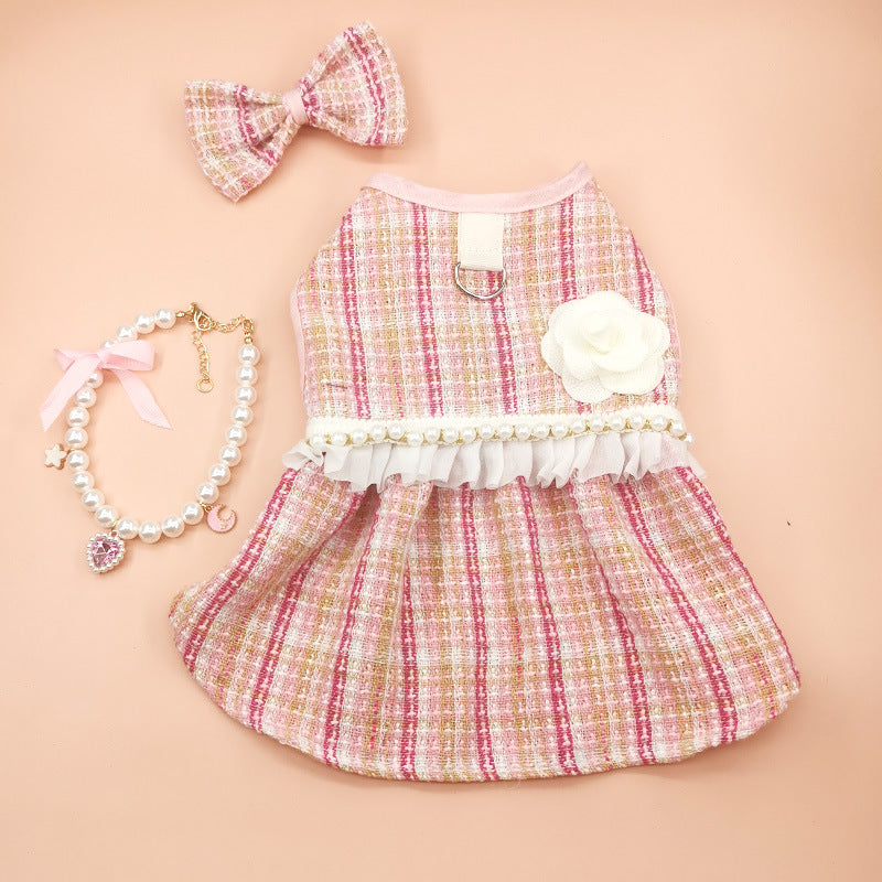 HKM-5966397 Classic Style Pet Skirt Dress with Flower Headpiece and Optional Necklace in Blue and Pink