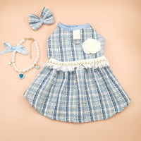 HKM-5966397 Classic Style Pet Skirt Dress with Flower Headpiece and Optional Necklace in Blue and Pink