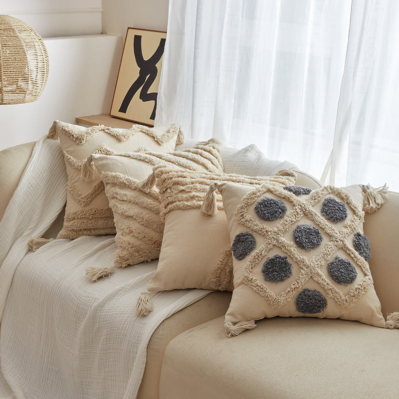 HKM-596819 Bohemian Style Pillowcase with Plush Tassels - 45x45 cm, Modern Simplicity Design