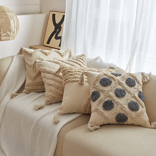 HKM-596819 Bohemian Style Pillowcase with Plush Tassels - 45x45 cm, Modern Simplicity Design