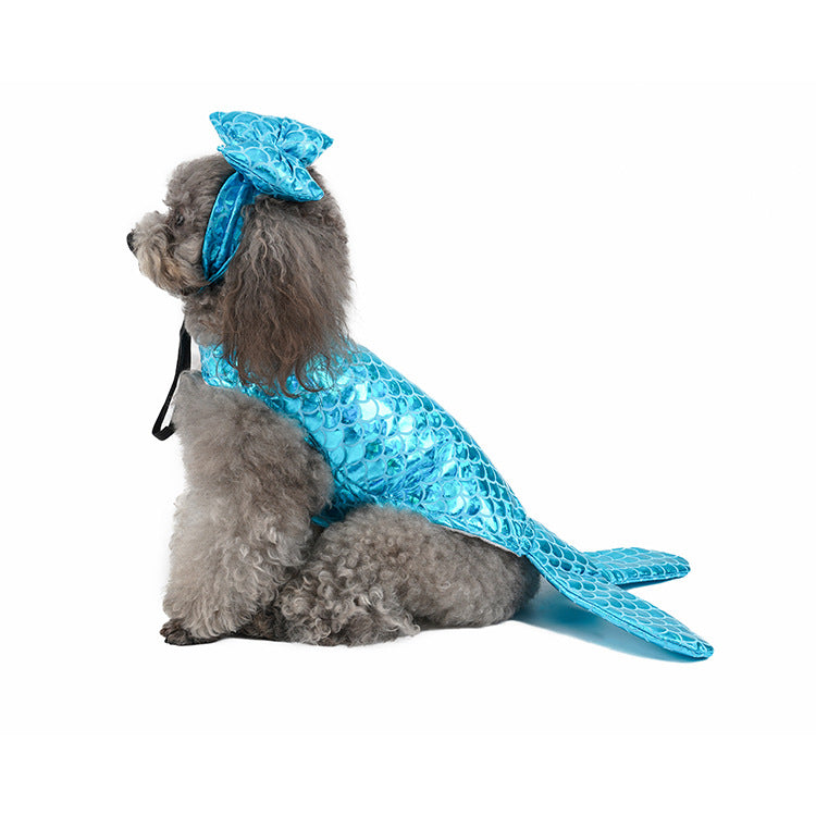 HKM-5968957 Mermaid-Themed Blue Dog and Cat Clothing with Headwear for Small Pets