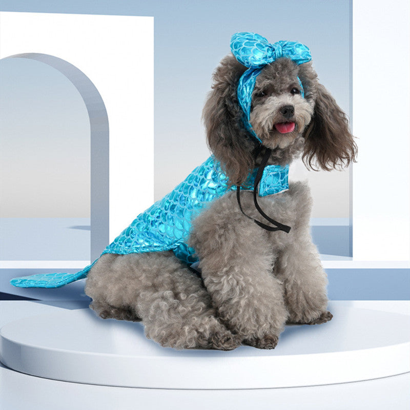HKM-5968957 Mermaid-Themed Blue Dog and Cat Clothing with Headwear for Small Pets
