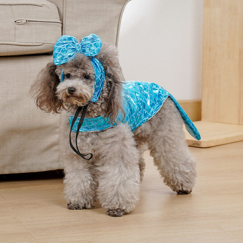HKM-5968957 Mermaid-Themed Blue Dog and Cat Clothing with Headwear for Small Pets