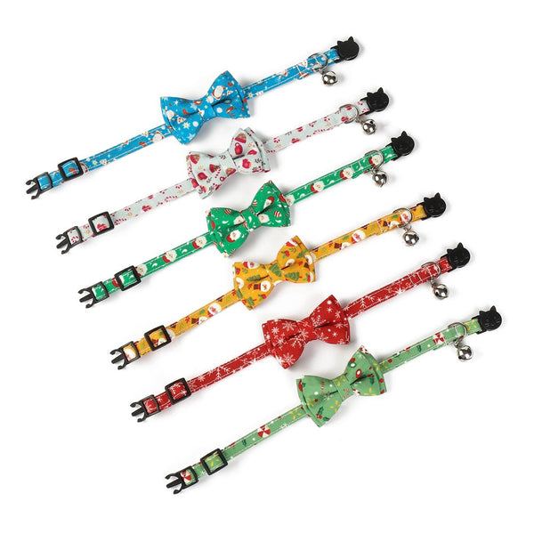 HKM-5972541 Christmas Patterned Bow Tie Dog Collar for Cats, Cloth Material, Size S 28x1.0cm