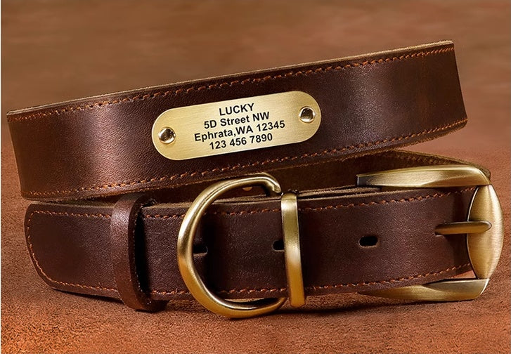 HKM-5976381 Genuine Cowhide Engraved Anti-Loss Dog Collar - Dark Brown, Multiple Sizes Available