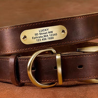 HKM-5976381 Genuine Cowhide Engraved Anti-Loss Dog Collar - Dark Brown, Multiple Sizes Available