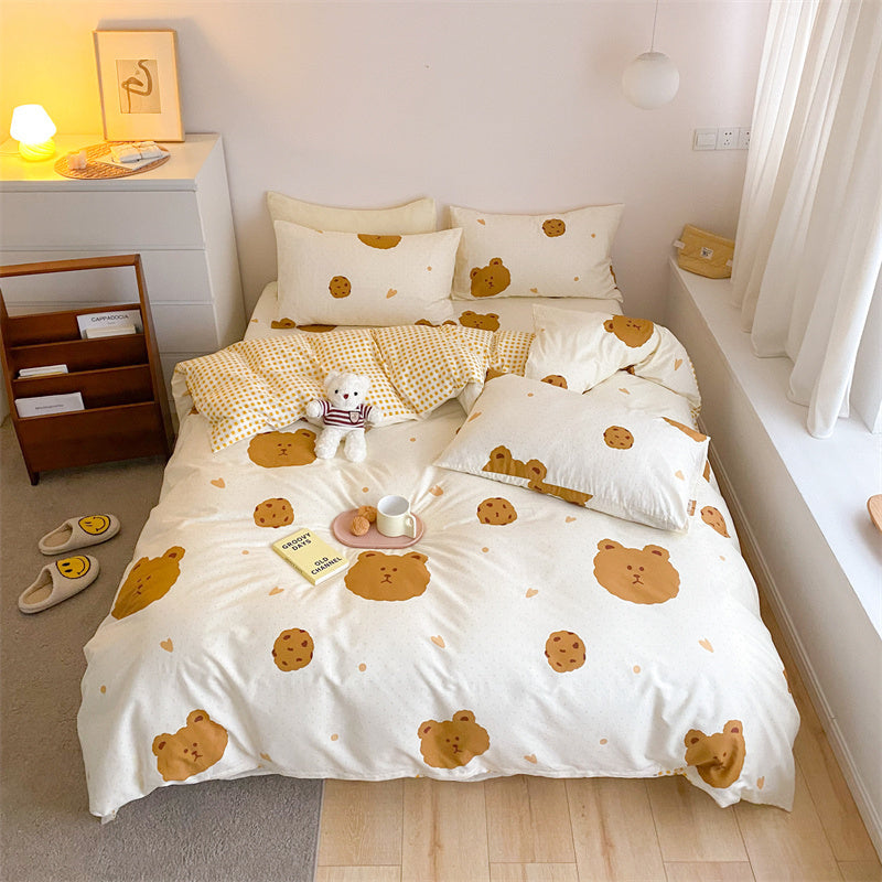 HKM-597843 4-Piece Cotton Bed Sheet Set with Quilt Cover - Soft Heart Design - Cozy and Stylish for All Seasons