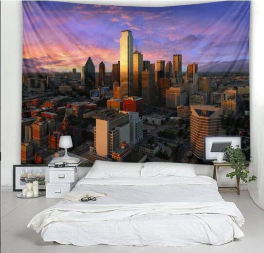 HKM-598227 City Landscape Geometric Design Tapestry - Plush Polyester Fabric Wall Art for Home & Hotel Decor