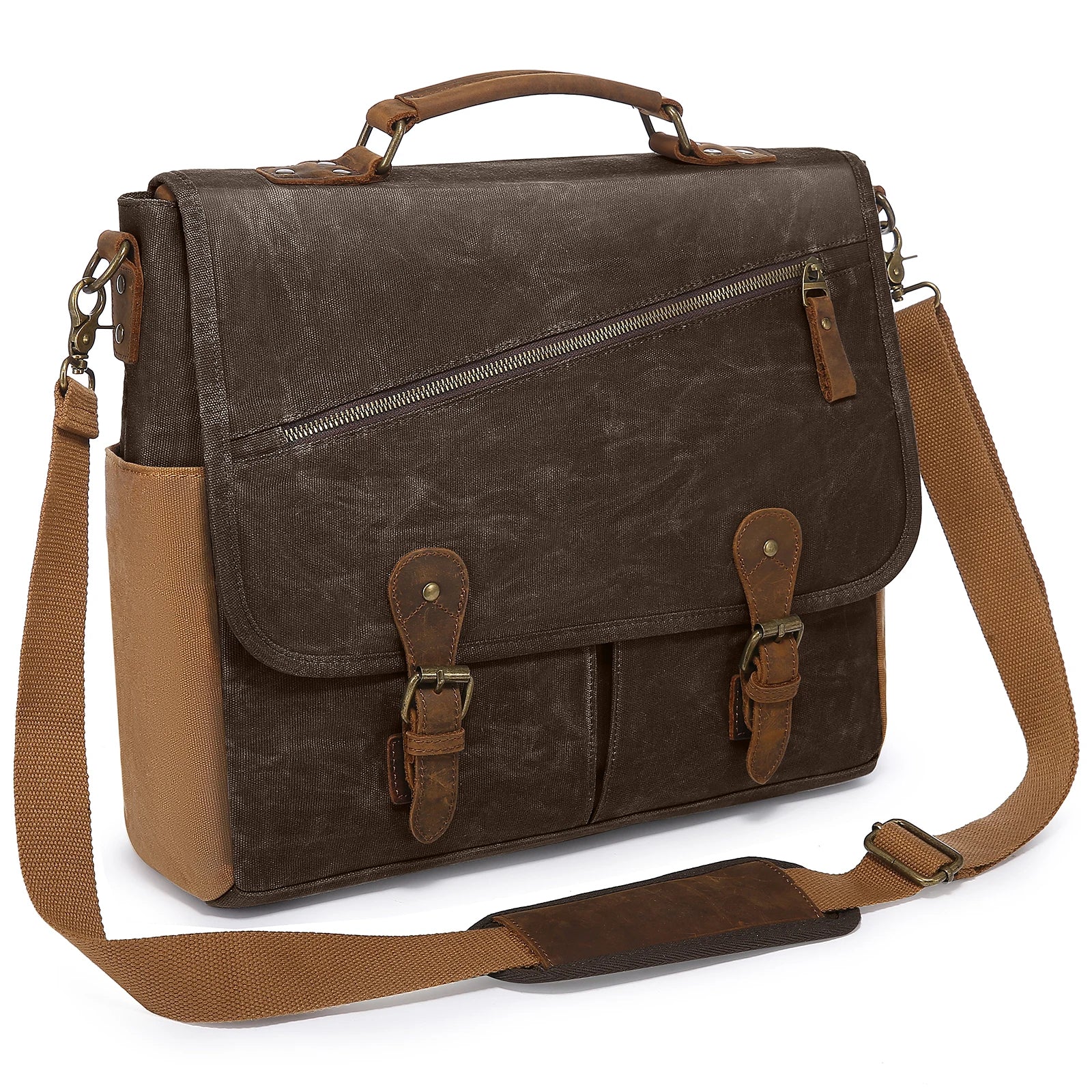 HKM-598227 Vintage Leather Laptop Messenger Satchel Bag for Work, Travel, and School - Waterproof Canvas Briefcase