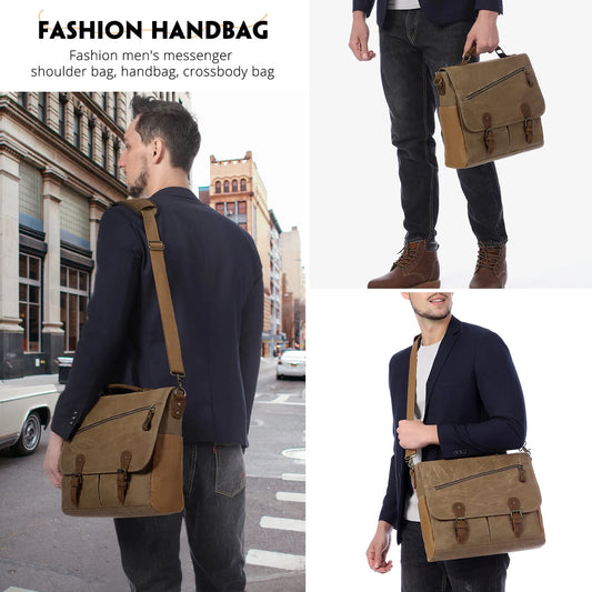 HKM-598227 Vintage Leather Laptop Messenger Satchel Bag for Work, Travel, and School - Waterproof Canvas Briefcase