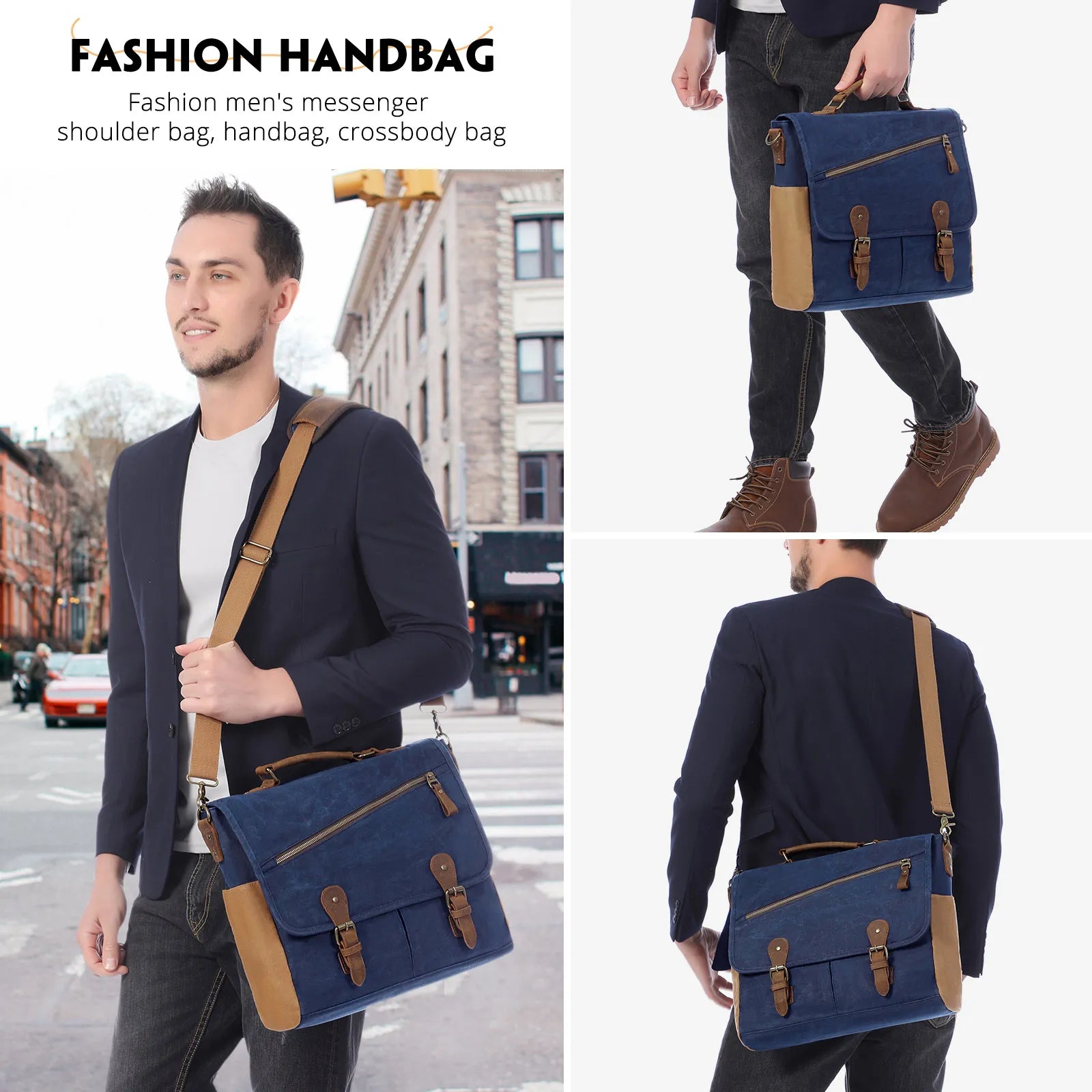 HKM-598227 Vintage Leather Laptop Messenger Satchel Bag for Work, Travel, and School - Waterproof Canvas Briefcase