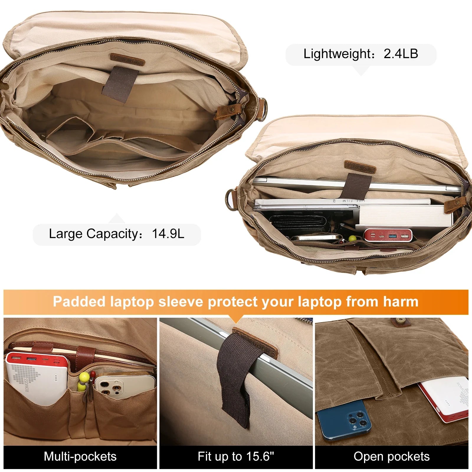 HKM-598227 Vintage Leather Laptop Messenger Satchel Bag for Work, Travel, and School - Waterproof Canvas Briefcase