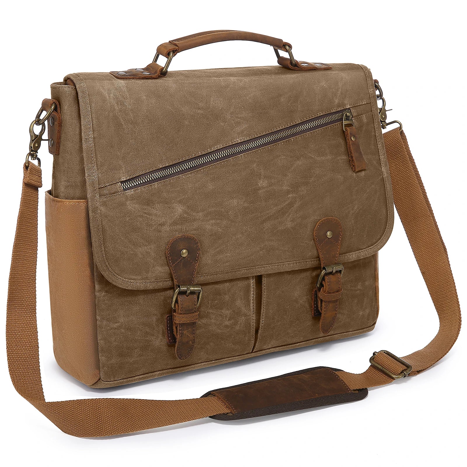 HKM-598227 Vintage Leather Laptop Messenger Satchel Bag for Work, Travel, and School - Waterproof Canvas Briefcase