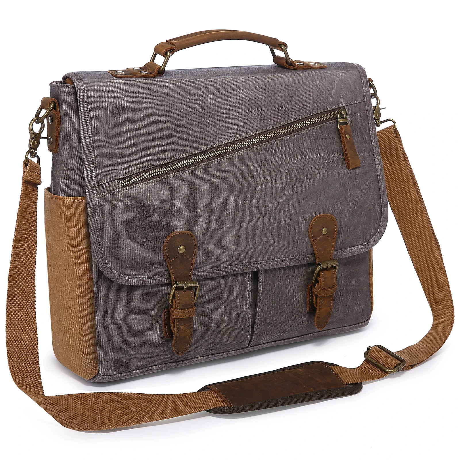 HKM-598227 Vintage Leather Laptop Messenger Satchel Bag for Work, Travel, and School - Waterproof Canvas Briefcase