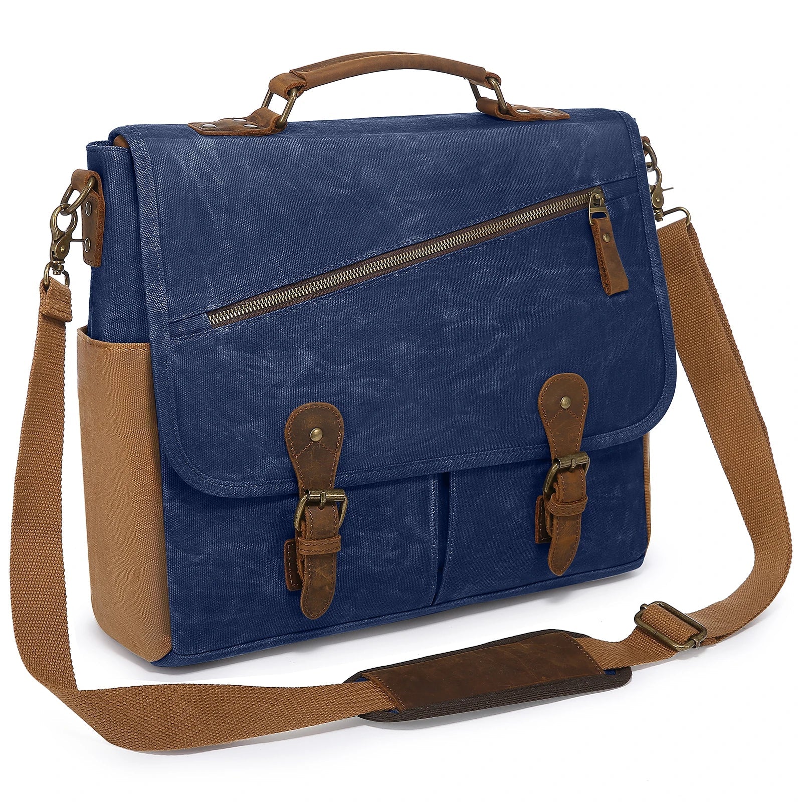 HKM-598227 Vintage Leather Laptop Messenger Satchel Bag for Work, Travel, and School - Waterproof Canvas Briefcase