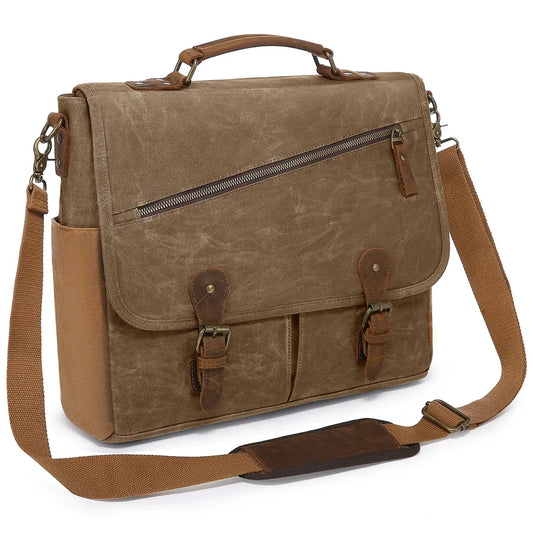 HKM-598227 Vintage Leather Laptop Messenger Satchel Bag for Work, Travel, and School - Waterproof Canvas Briefcase