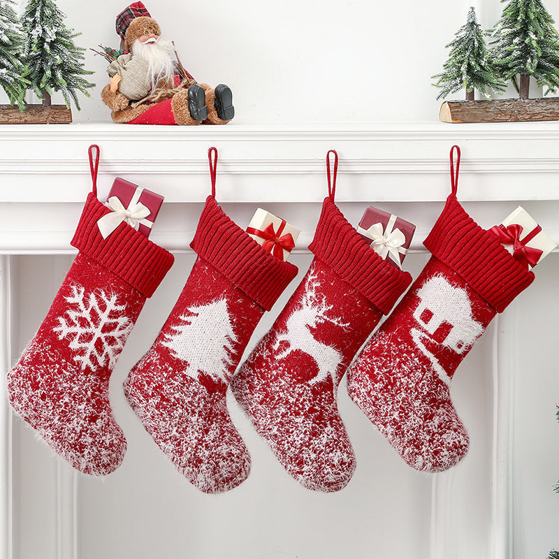 HKM-598291 Christmas Decorative Socks with Elk, House, Tree, Snowflake Designs - 42cm Long, 19cm Wide, Nylon Material
