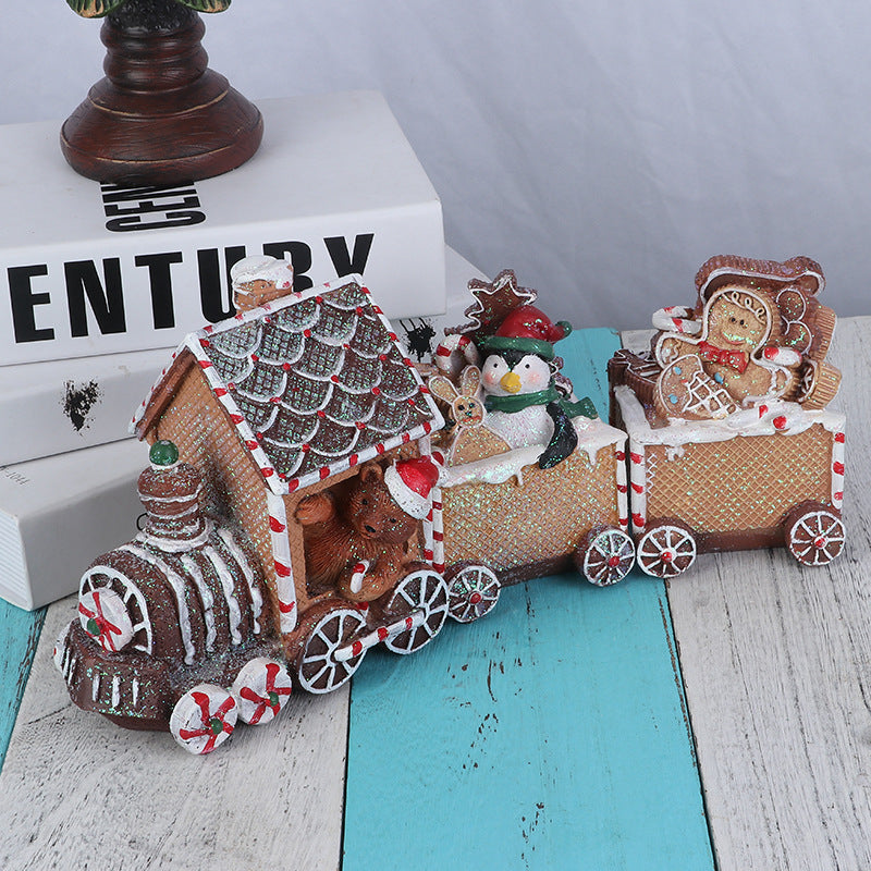 HKM-598803 Ginger Cake Train Christmas Decoration with Small House – European Style Resin Craft