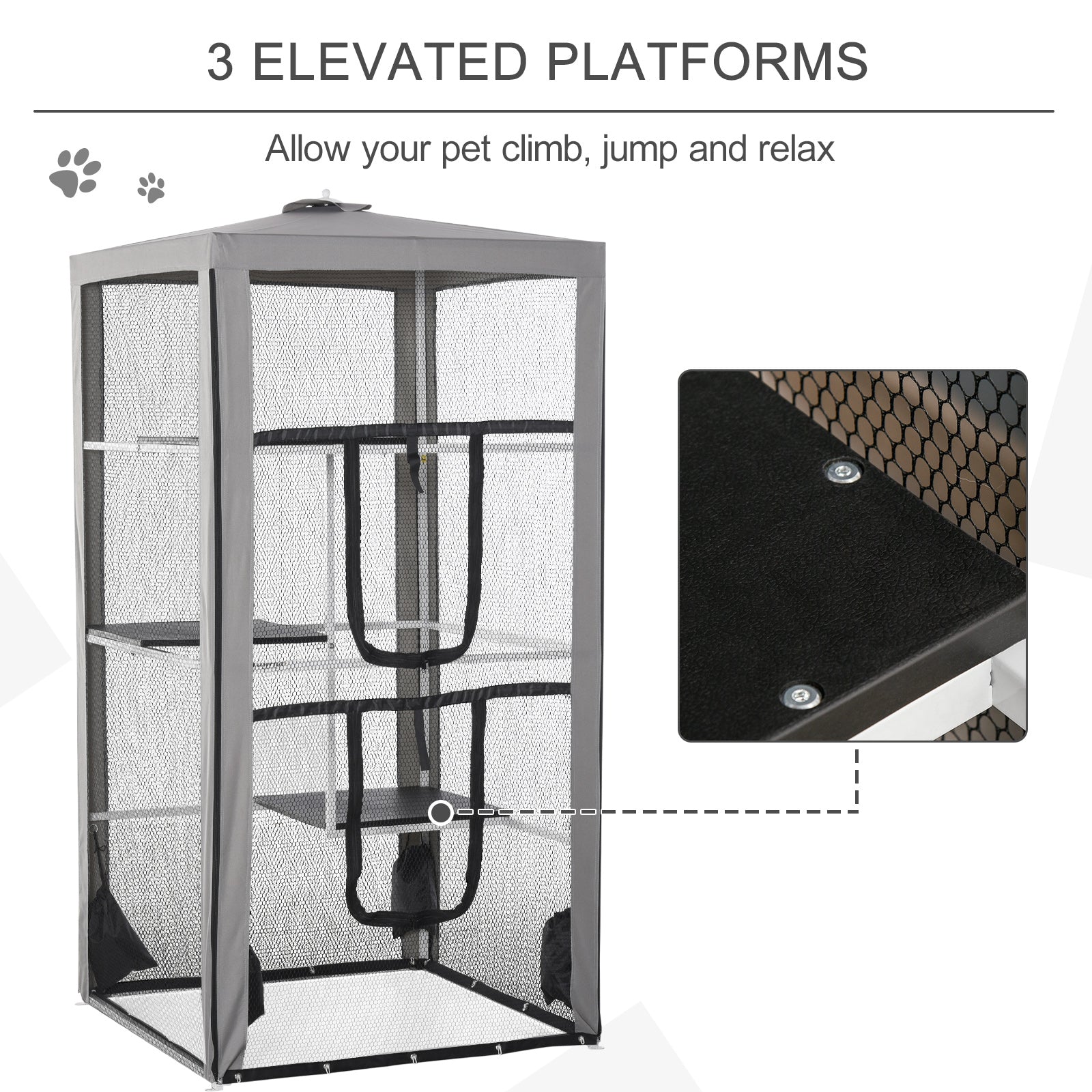 HKM-5990077 Secure Outdoor Cat Playpen with 3 Platforms and Zippered Access, Metal Frame