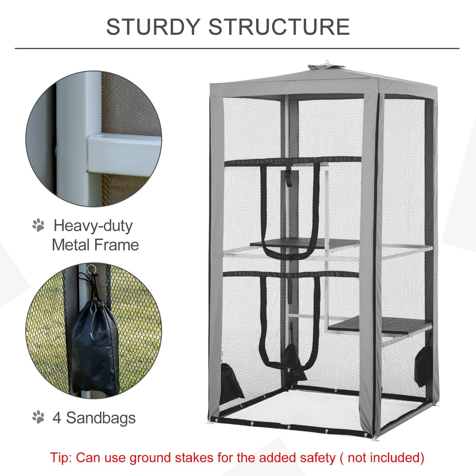 HKM-5990077 Secure Outdoor Cat Playpen with 3 Platforms and Zippered Access, Metal Frame