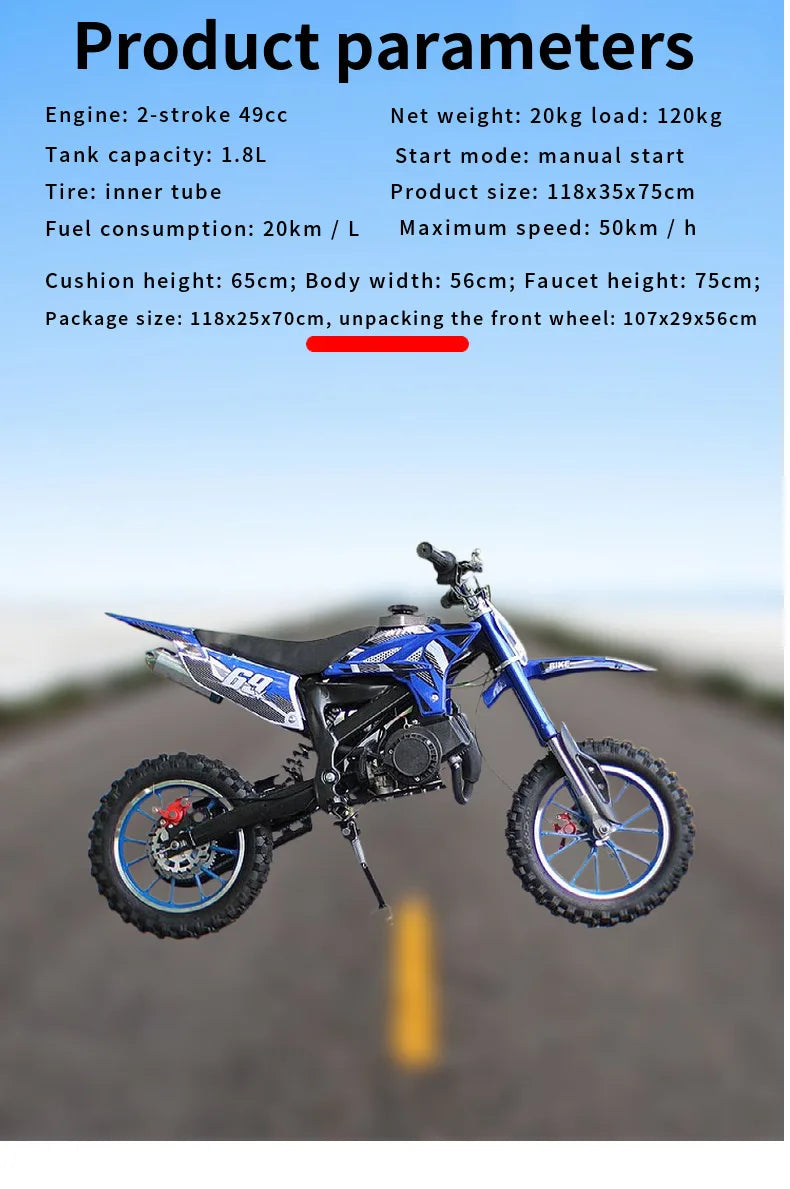 HKM-599251 50cc 2-Wheel Gas Minibike for Kids with Pull Start and Automatic Transmission