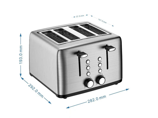 HKM-599571 4-Slice Wide Slot Stainless Steel Toaster with Red Indicator Light and Multi-Function Capability
