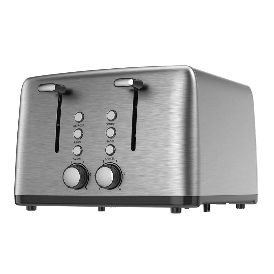 HKM-599571 4-Slice Wide Slot Stainless Steel Toaster with Red Indicator Light and Multi-Function Capability