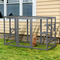 HKM-599827 Spacious Gray-Black Wooden Cat Cage with Waterproof Roof and Adjustable Pedals