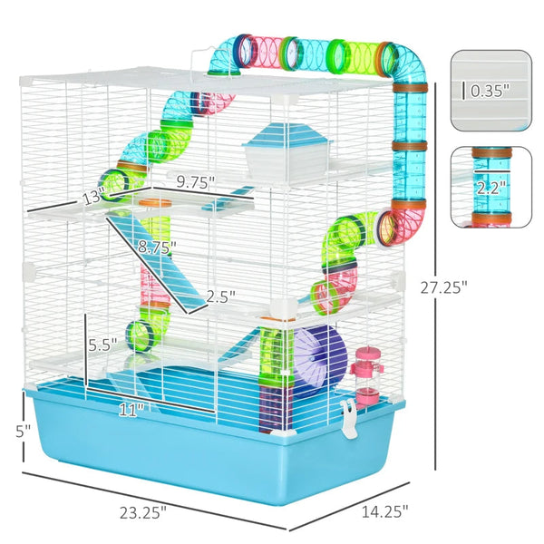 HKM-6001213 Light Blue Hamster Cage with Tubes, 5-Tier Design, Exercise Wheel, Water Bottle, Includes Food Dish, Portable Handles