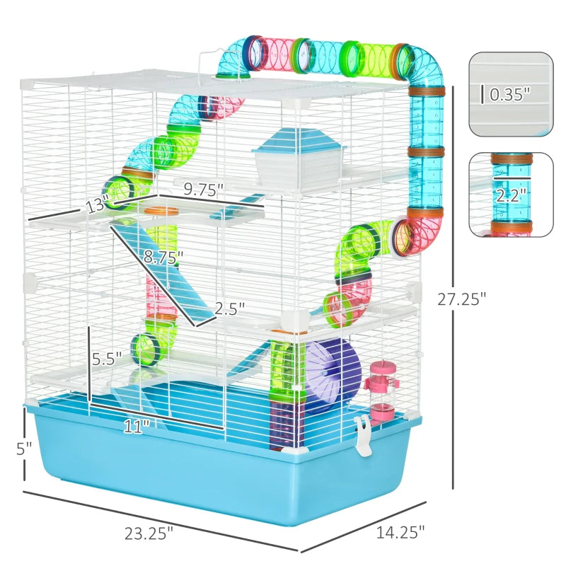 HKM-6001213 Light Blue Hamster Cage with Tubes, 5-Tier Design, Exercise Wheel, Water Bottle, Includes Food Dish, Portable Handles