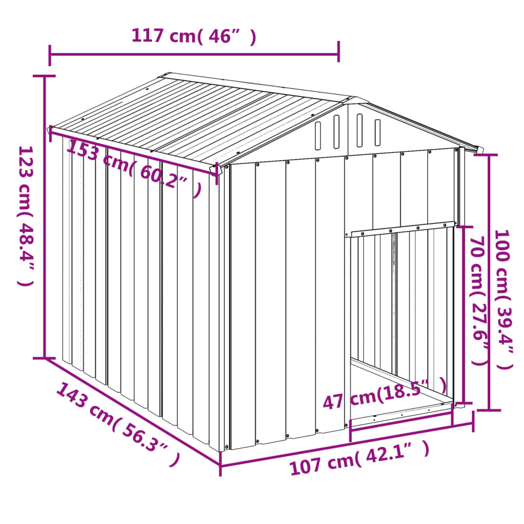 HKM-6001597 Galvanized Steel Doghouse with Roof, Anthracite Color - 117x153x123 cm