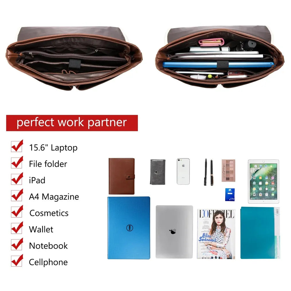 HKM-600531 Leather Messenger Bag for Laptop, Waterproof Business Tote with Anti-Theft Features, Stylish Shoulder Briefcase for Women