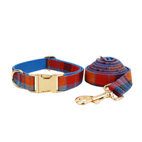 HKM-6007101 Blue Velvet Plaid Dog Collar and Leash Set with Bow - Stylish Pet Accessory