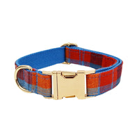 HKM-6007101 Blue Velvet Plaid Dog Collar and Leash Set with Bow - Stylish Pet Accessory
