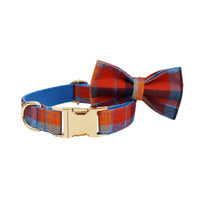 HKM-6007101 Blue Velvet Plaid Dog Collar and Leash Set with Bow - Stylish Pet Accessory
