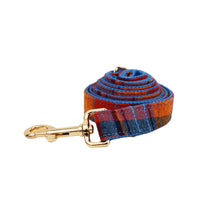 HKM-6007101 Blue Velvet Plaid Dog Collar and Leash Set with Bow - Stylish Pet Accessory