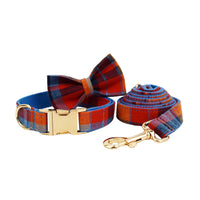 HKM-6007101 Blue Velvet Plaid Dog Collar and Leash Set with Bow - Stylish Pet Accessory