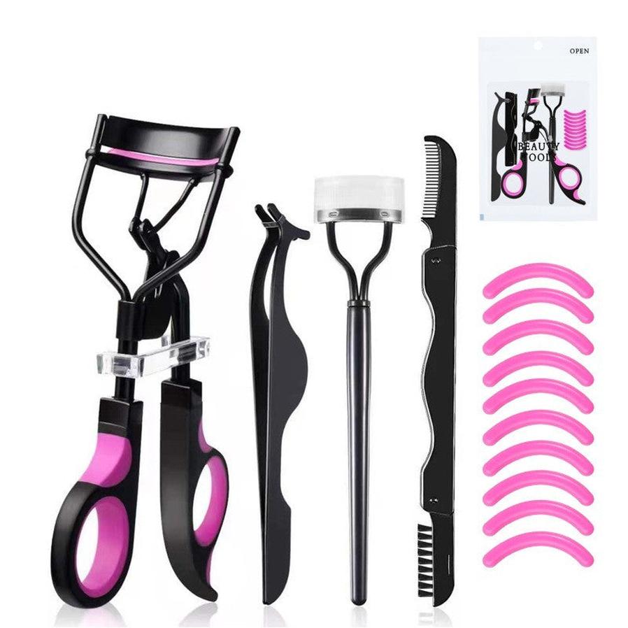 HKM-601043 Semi-Arc Eyelash Curler with Steel Comb and Eyebrow Grooming Set - 5-Piece Carbon Steel Tool Kit