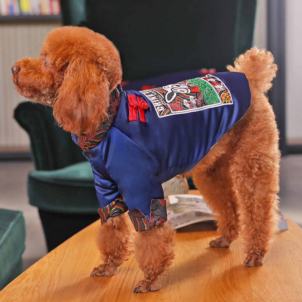 HKM-6011453 Winter Padded Dog Clothing - Cozy Two-Legged Outfit in Red and Blue, Made of Polyester Fiber and Spray Cotton