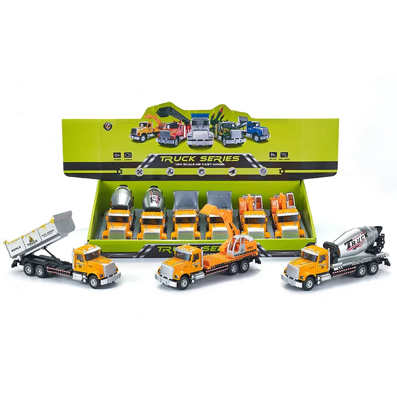 HKM-601235 1:24 Alloy Pull Back Metal Construction Truck Toy - Excavator and Police Series for Kids