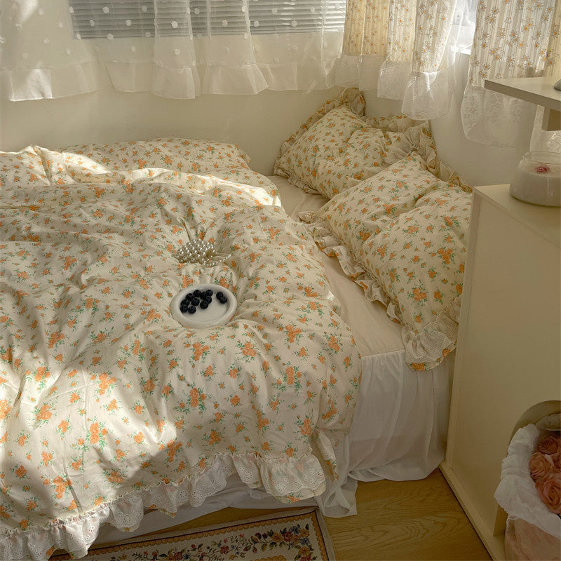HKM-601299 Cotton Lace Four-Piece Bedding Set with Quilt Cover and Bed Skirt
