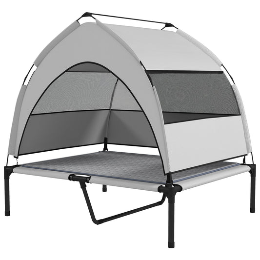 HKM-601491 Portable Elevated Dog Bed with Removable Canopy and Cooling Pad, Outdoor Pet Cot with Storage Bag, 42 x 30 x 37 Inches