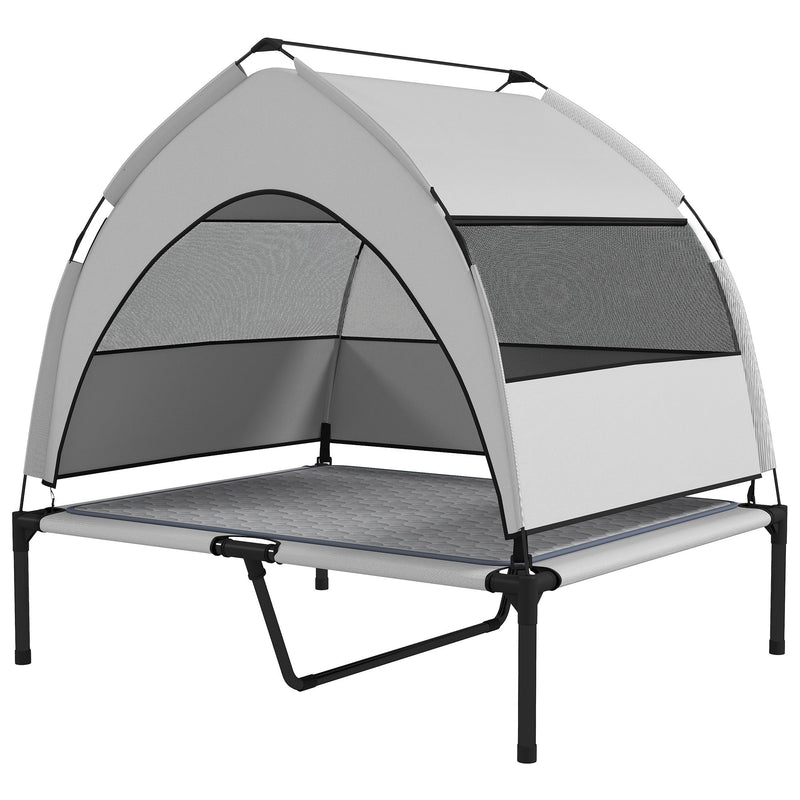 HKM-601491 Portable Elevated Dog Bed with Removable Canopy and Cooling Pad, Outdoor Pet Cot with Storage Bag, 42 x 30 x 37 Inches